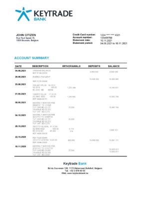 Belgium Keytrade bank statement template in Word and PDF format