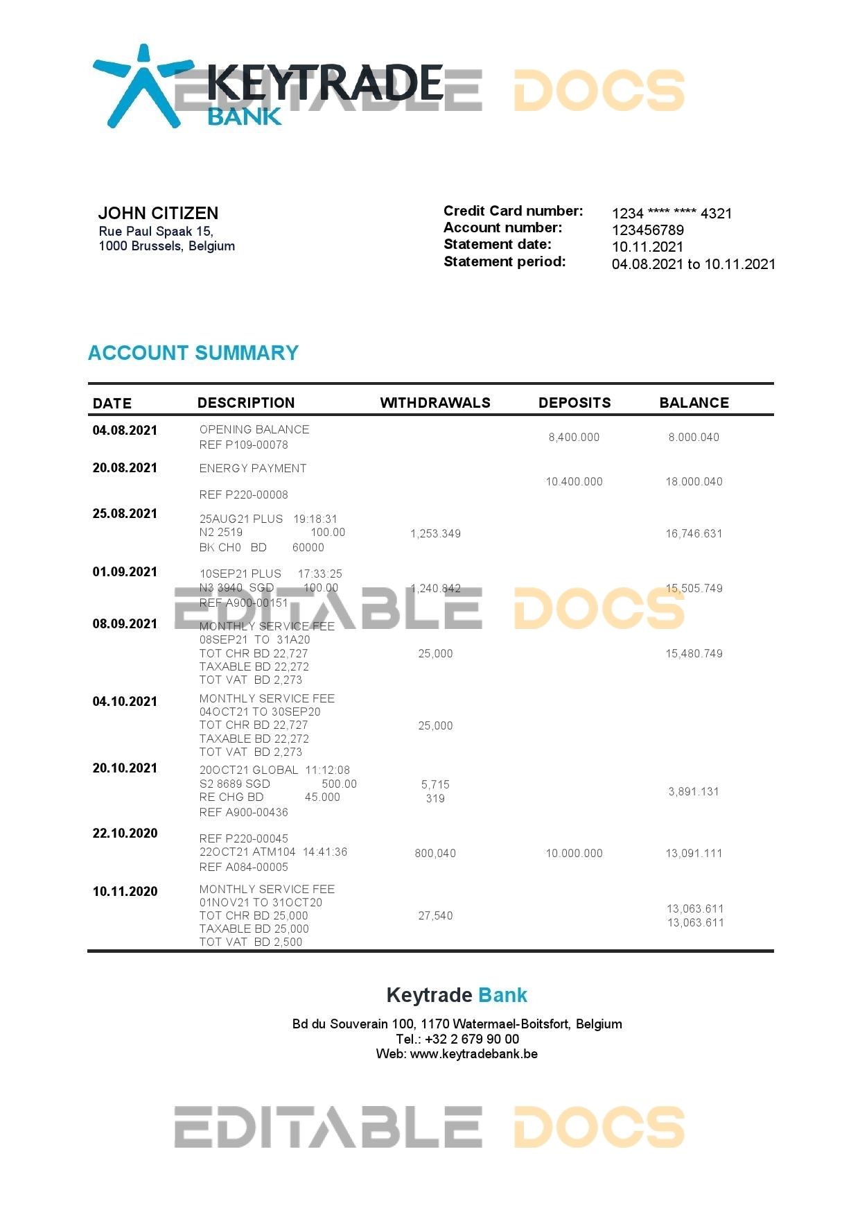 Belgium Keytrade bank statement template in Word and PDF format
