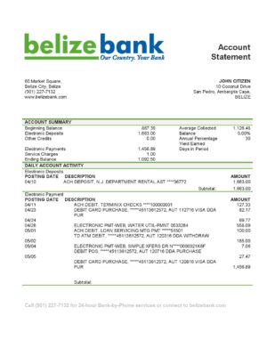 Belize Belizebank bank statement easy to fill template in .xls and .pdf file format