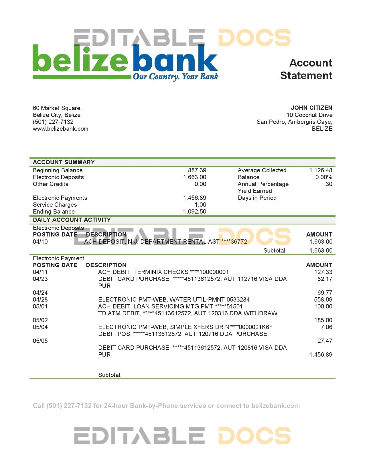 Belize Belizebank proof of address bank statement template in Word and PDF format