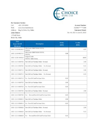 Belize Choice Bank statement template in Word and PDF format
