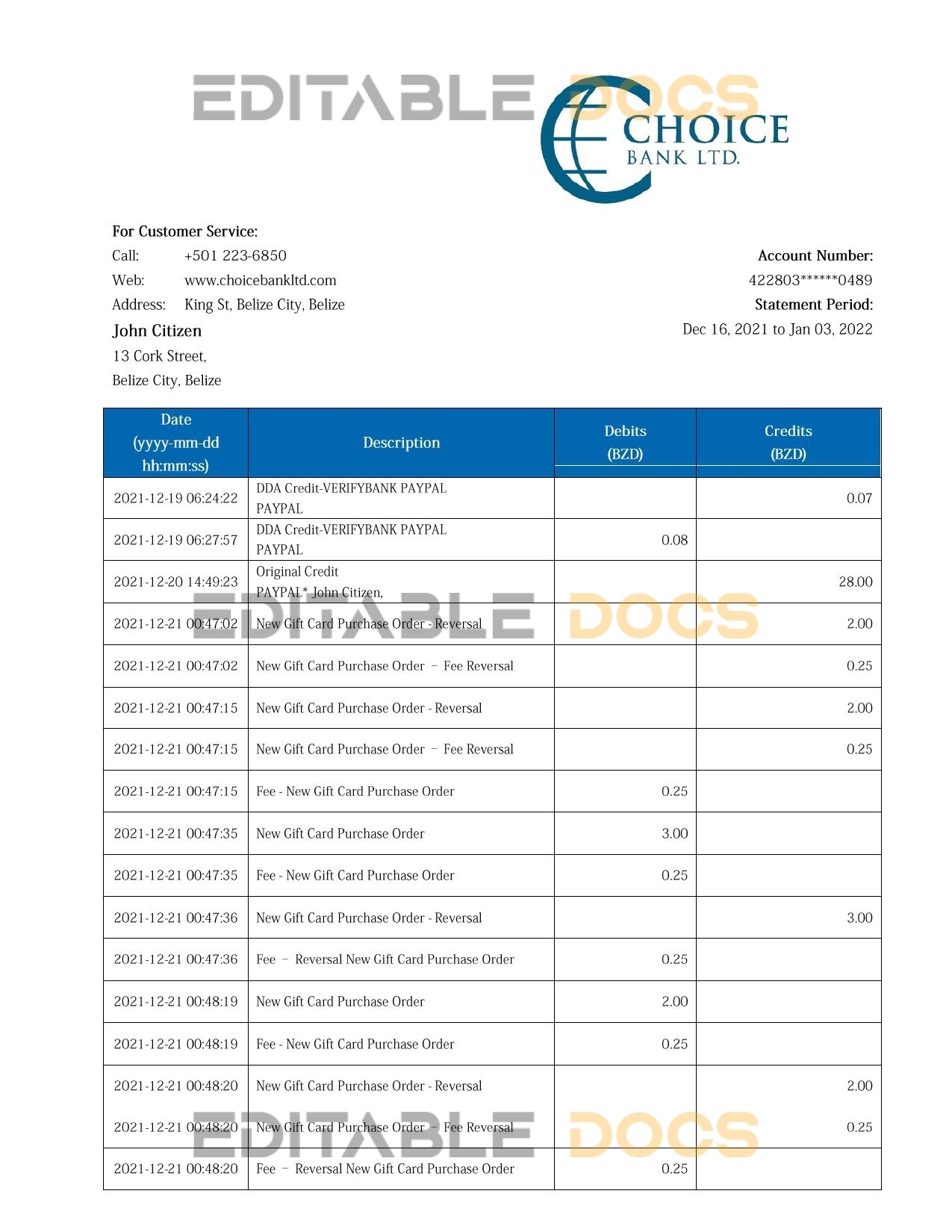 Belize Choice Bank statement template in Word and PDF format