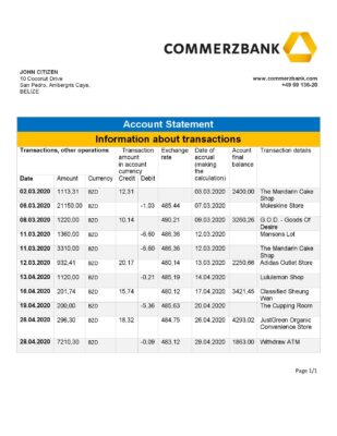 Belize Commerzbank bank statement easy to fill template in Excel and PDF format