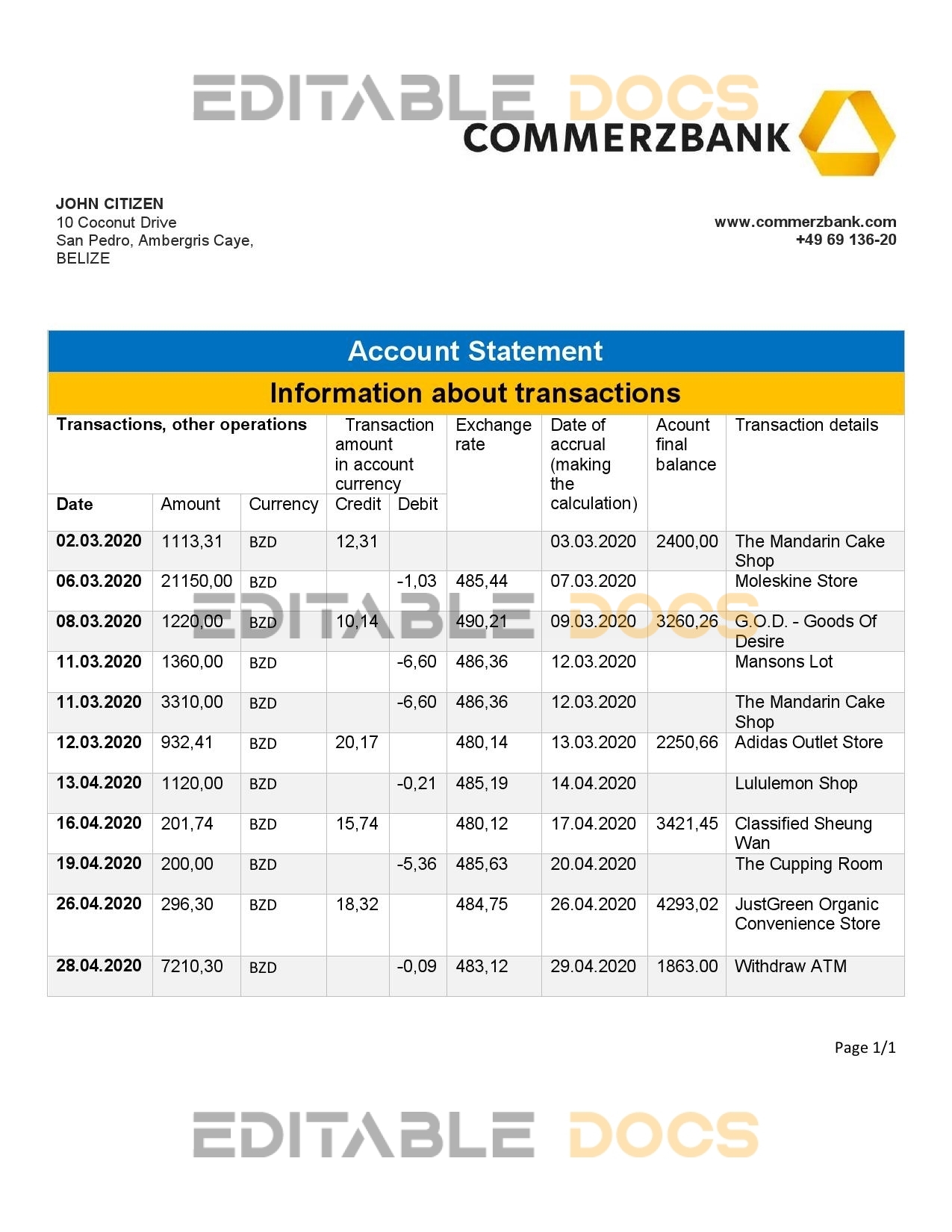 Belize Commerzbank bank statement easy to fill template in Excel and PDF format