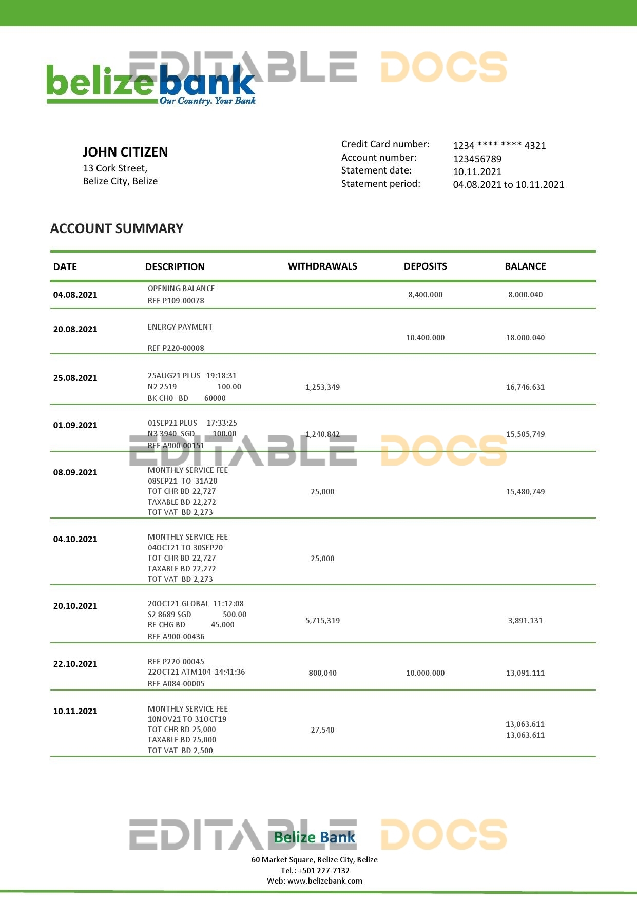 Belize bank statement template in Word and PDF format, fully editable