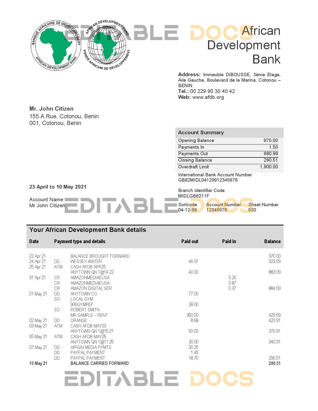 Benin African Development bank statement template in Word and PDF format
