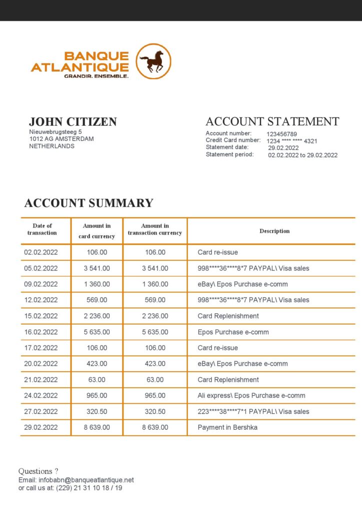 Benin Banque Atlantique bank statement template in Word and PDF format