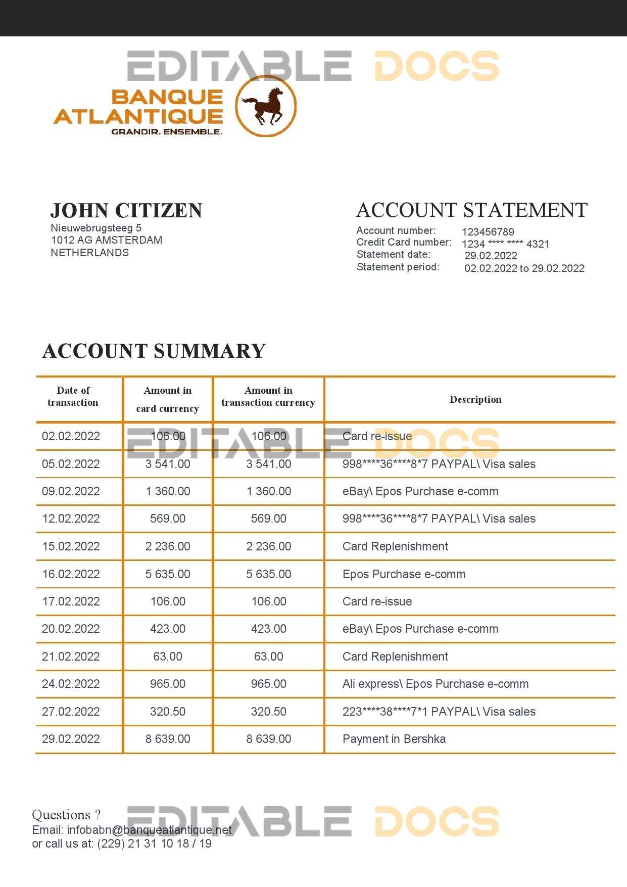 Benin Banque Atlantique bank statement template in Word and PDF format