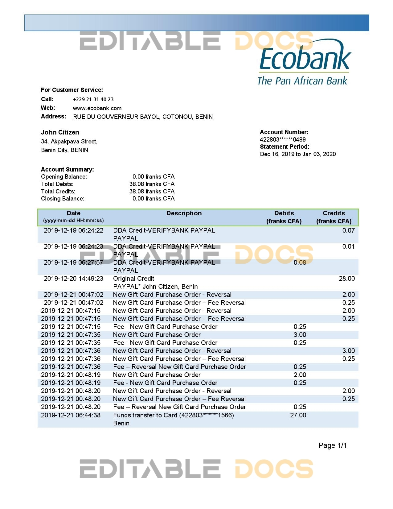 Benin Ecobank proof of address bank statement template in Word and PDF format