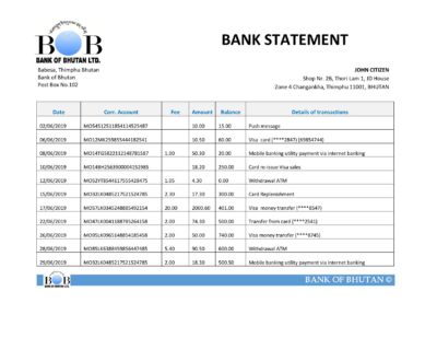 Bhutan Bank of Bhutan bank statement easy to fill template in Excel and PDF format