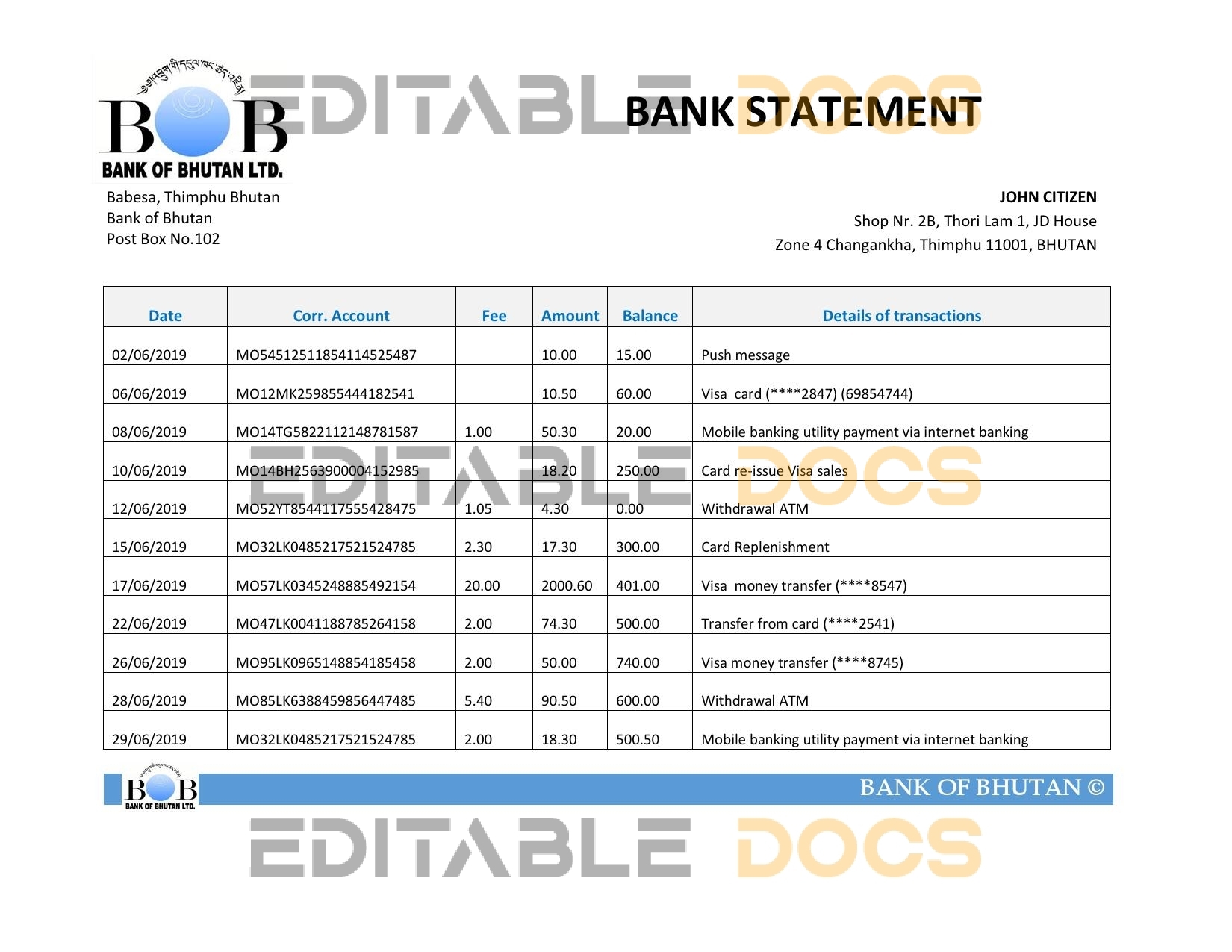 Bhutan Bank of Bhutan bank statement easy to fill template in Word and PDF format