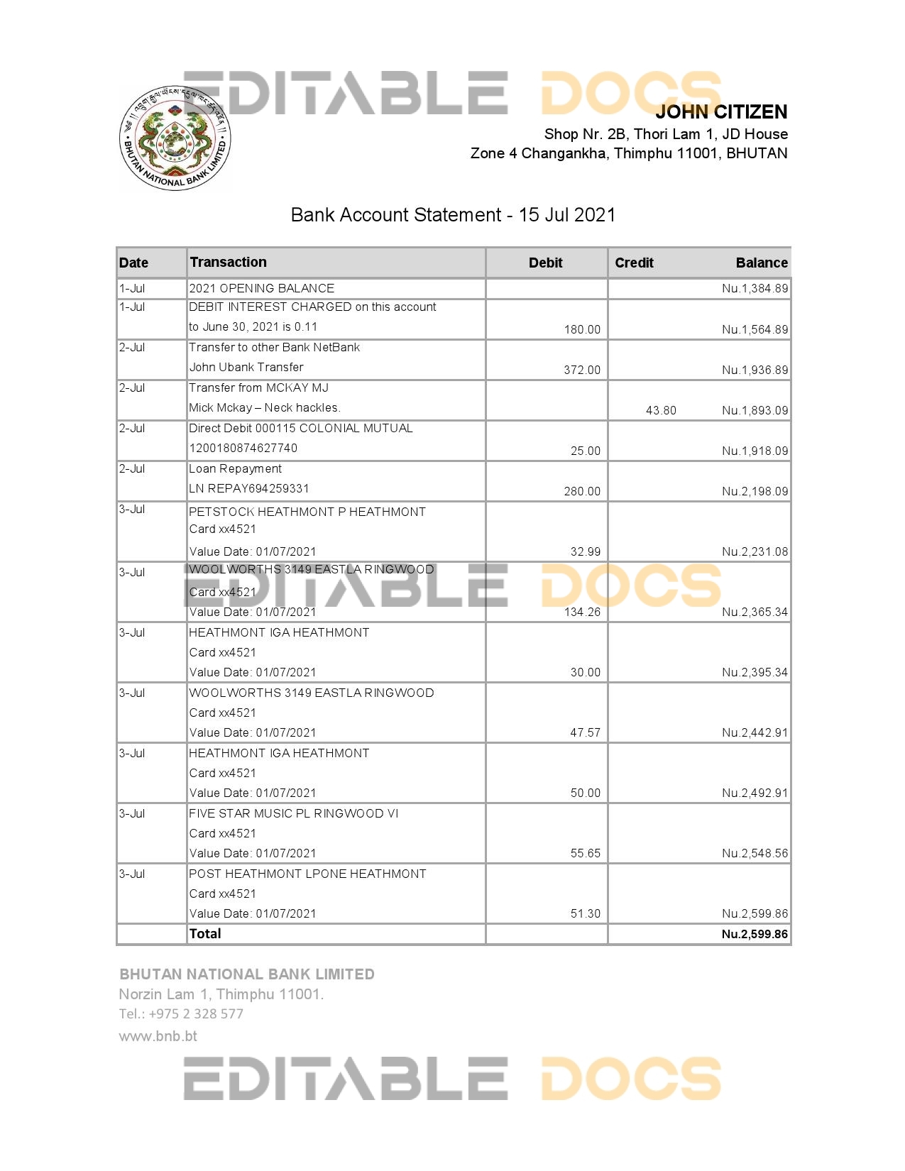 Bhutan National Bank statement easy to fill template in Excel and PDF format