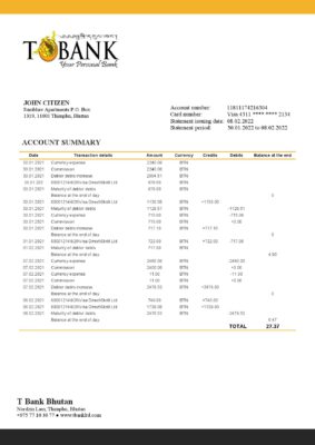 Bhutan T bank statement template in Word and PDF format