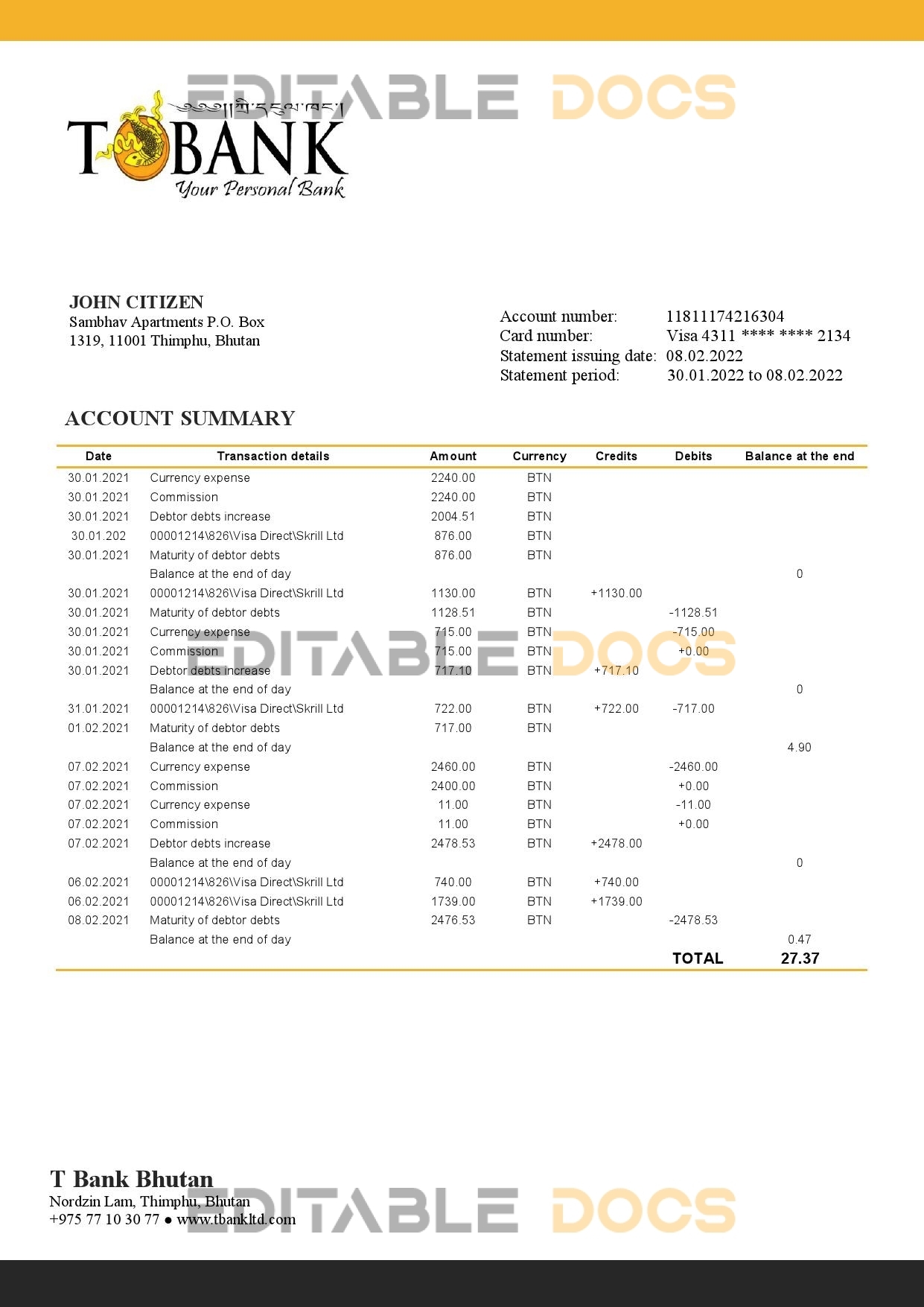 Bhutan T bank statement template in Word and PDF format