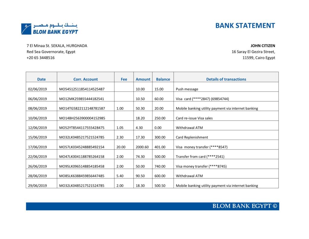 Egypt Blom Bank of Egypt proof of address statement template in Word and PDF format (.doc and .pdf)