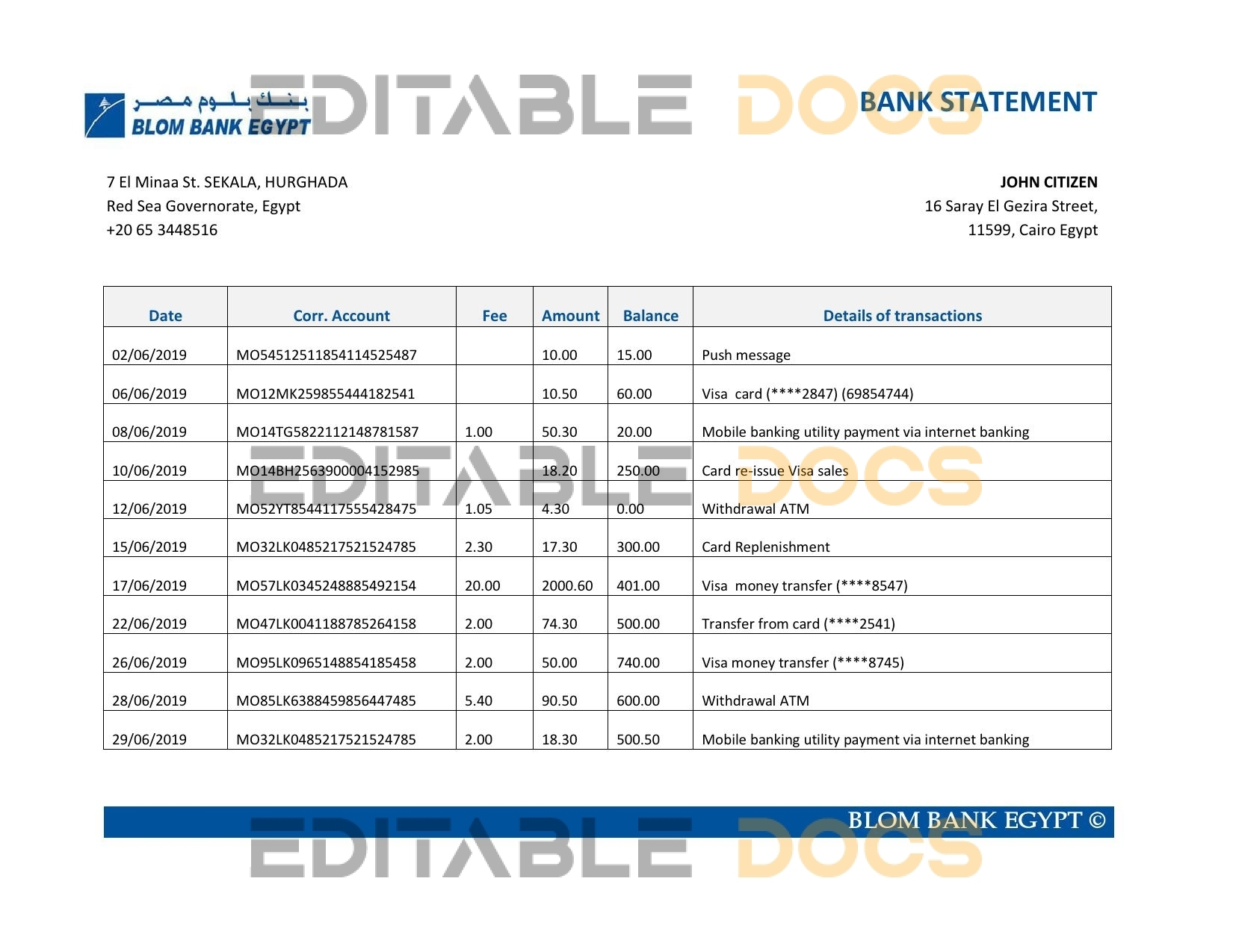 Egypt Blom Bank of Egypt proof of address statement template in Word and PDF format (.doc and .pdf)