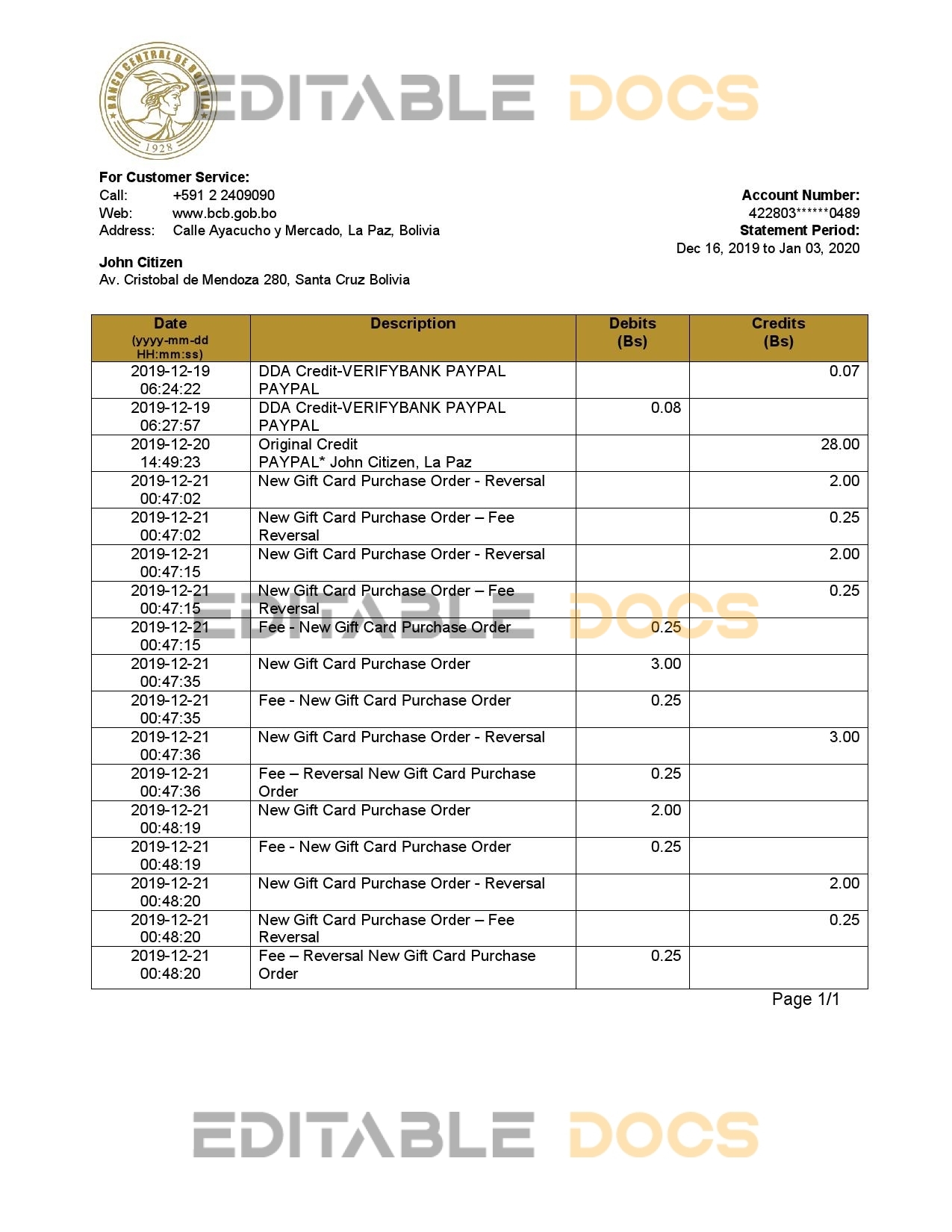 Bolivia Banco Central de Bolivia proof of address bank statement template in Word and PDF format