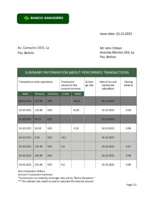 Bolivia Banco Ganadero bank statement template in Word and PDF format