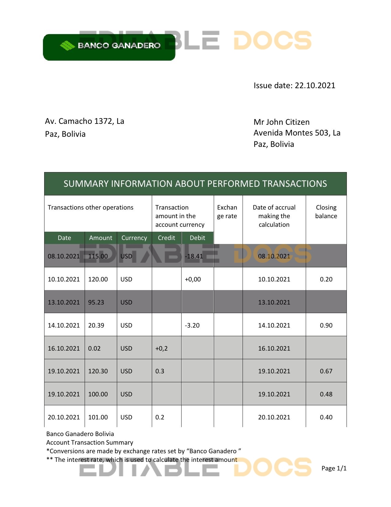 Bolivia Banco Ganadero bank statement template in Word and PDF format