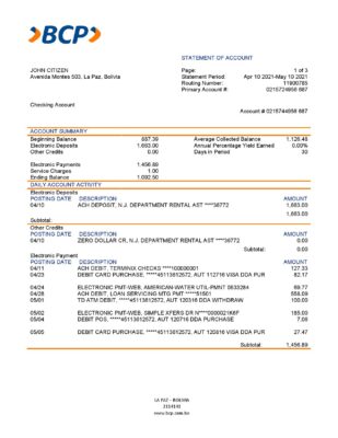Bolivia banco de crédito de bolivia bank statement template in Word and PDF format