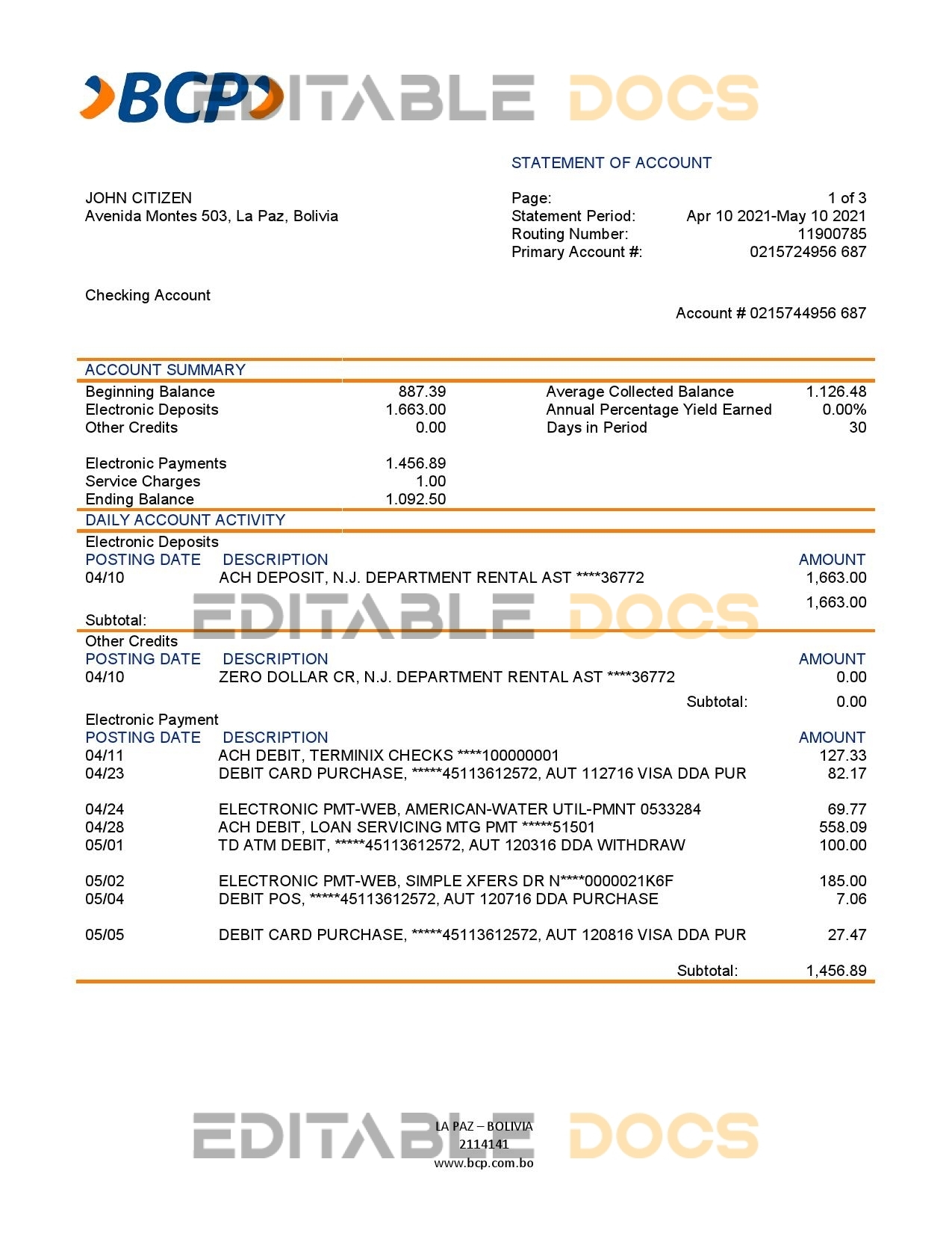 Bolivia banco de crédito de bolivia bank statement template in Word and PDF format