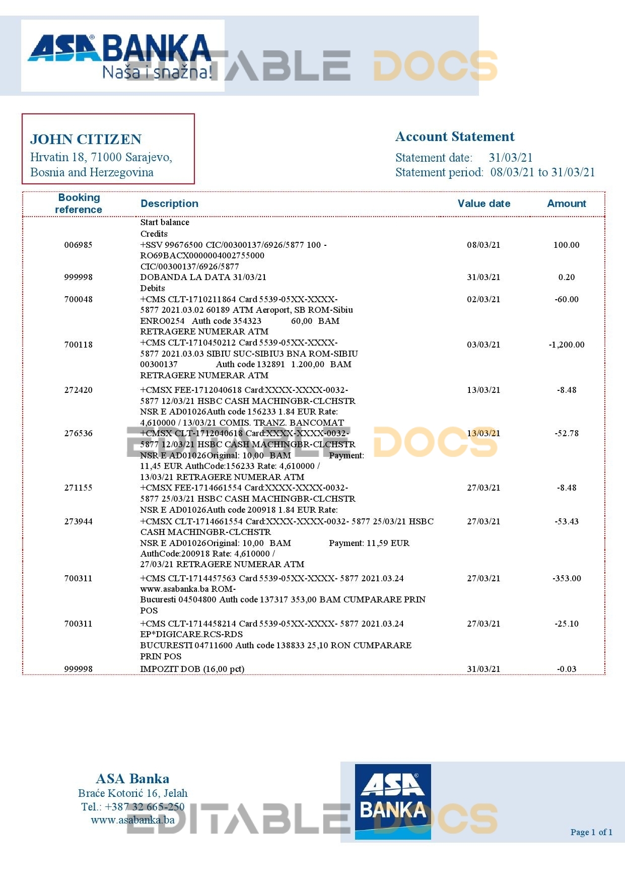 Bosnia and Herzegovina ASA Banka bank statement template in Word and PDF format