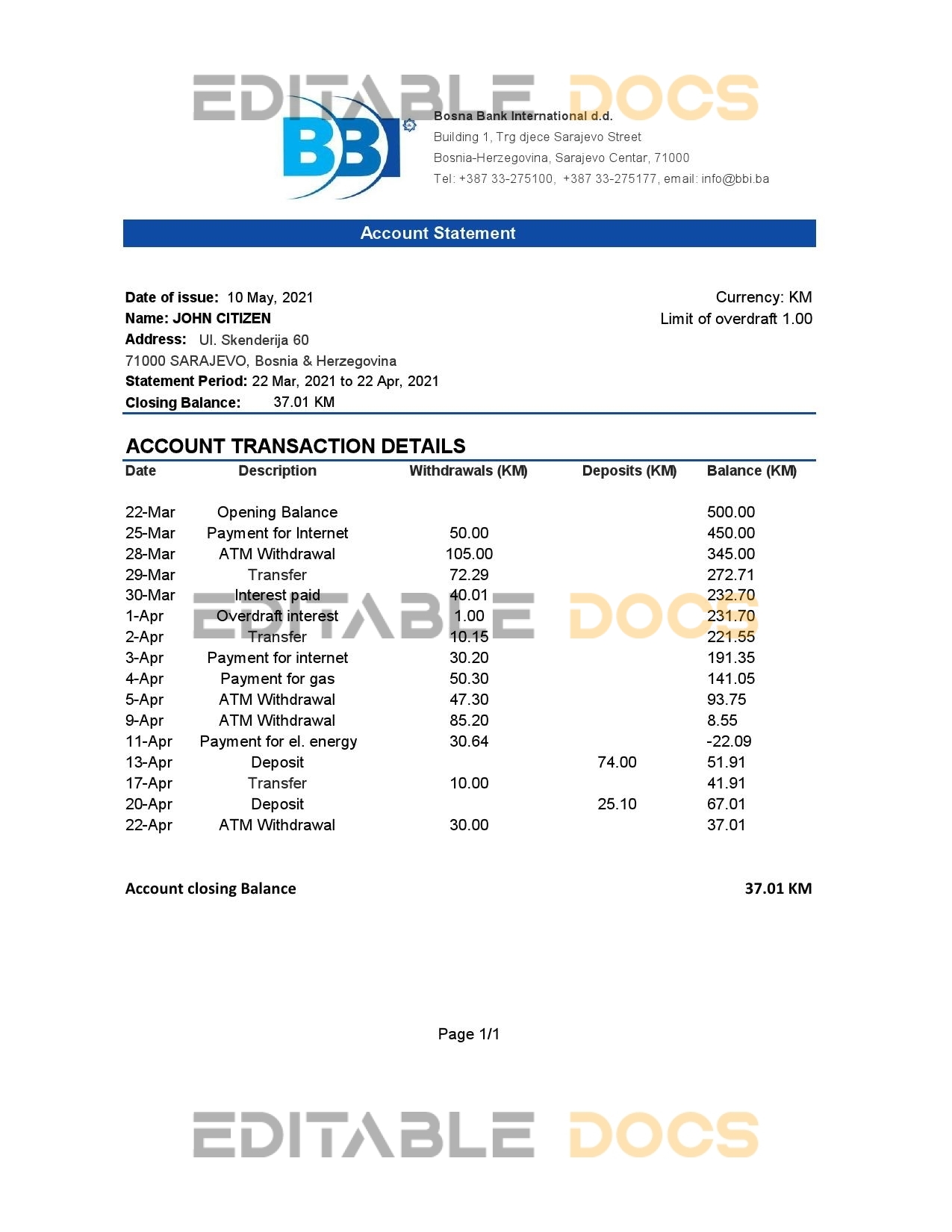 Bosnia and Herzegovina Bosna Bank International bank statement easy to fill template in Excel and PDF format (AutoSum)