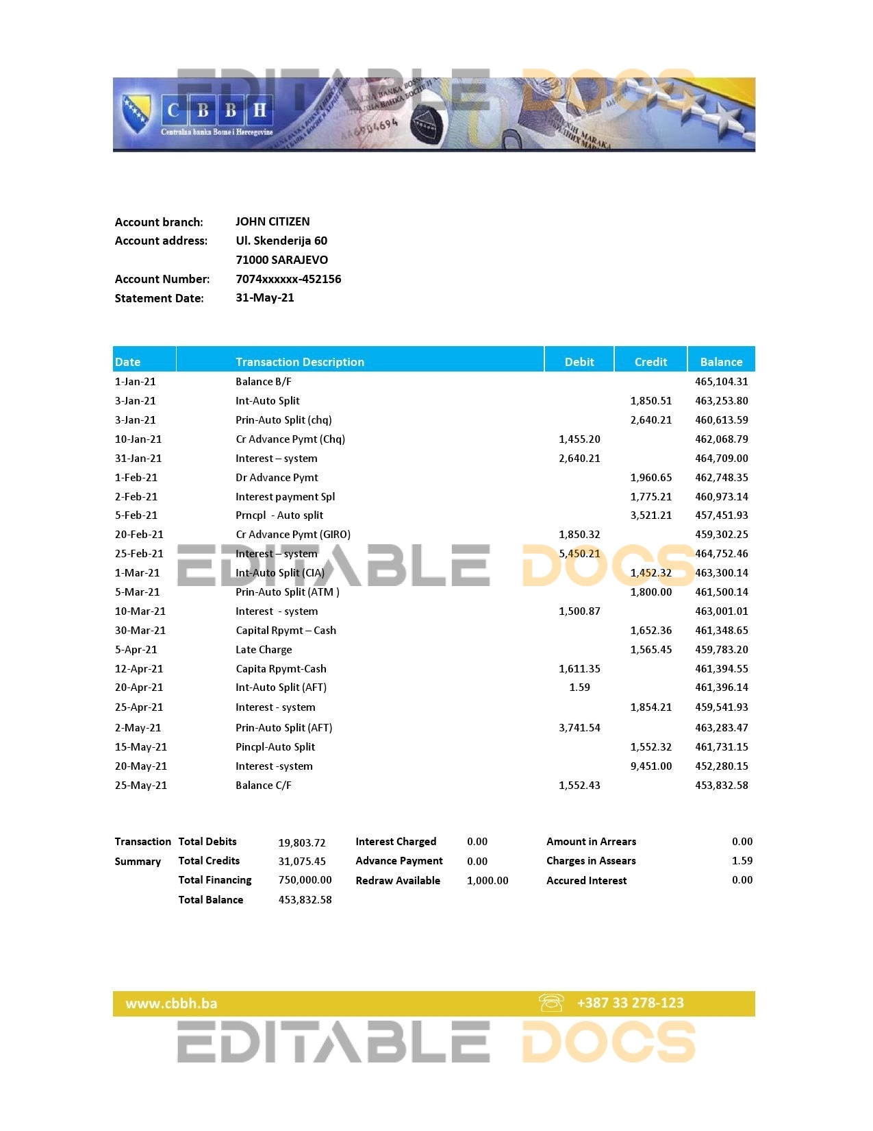 Bosnia and Herzegovina Central Bank statement easy to fill template in Excel and PDF format (AutoSum)