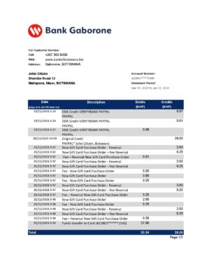 Botswana Bank Gaborone bank statement template in Excel and PDF format, fully editable
