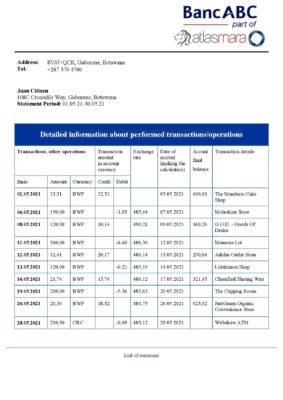 Botswana Bank ABC bank statement template in Word and PDF format