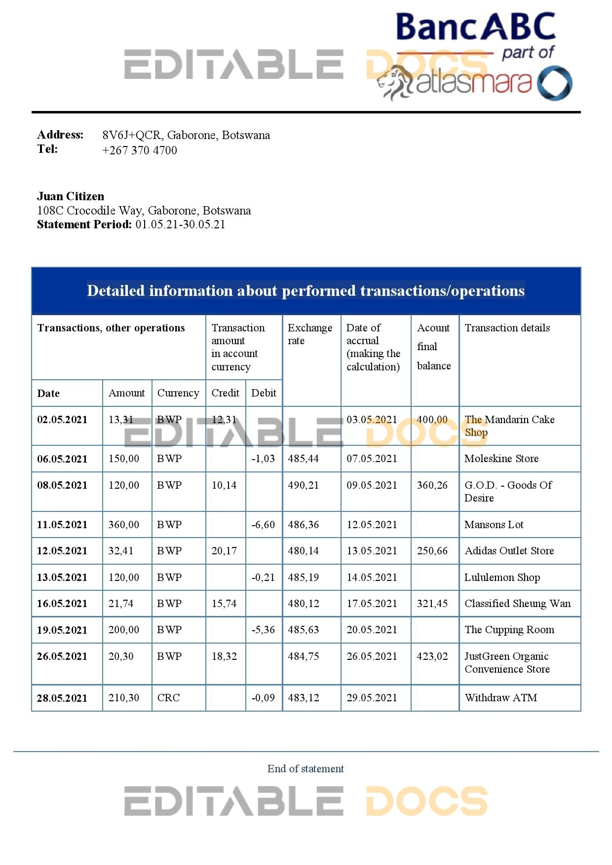 Botswana Bank ABC bank statement template in Word and PDF format