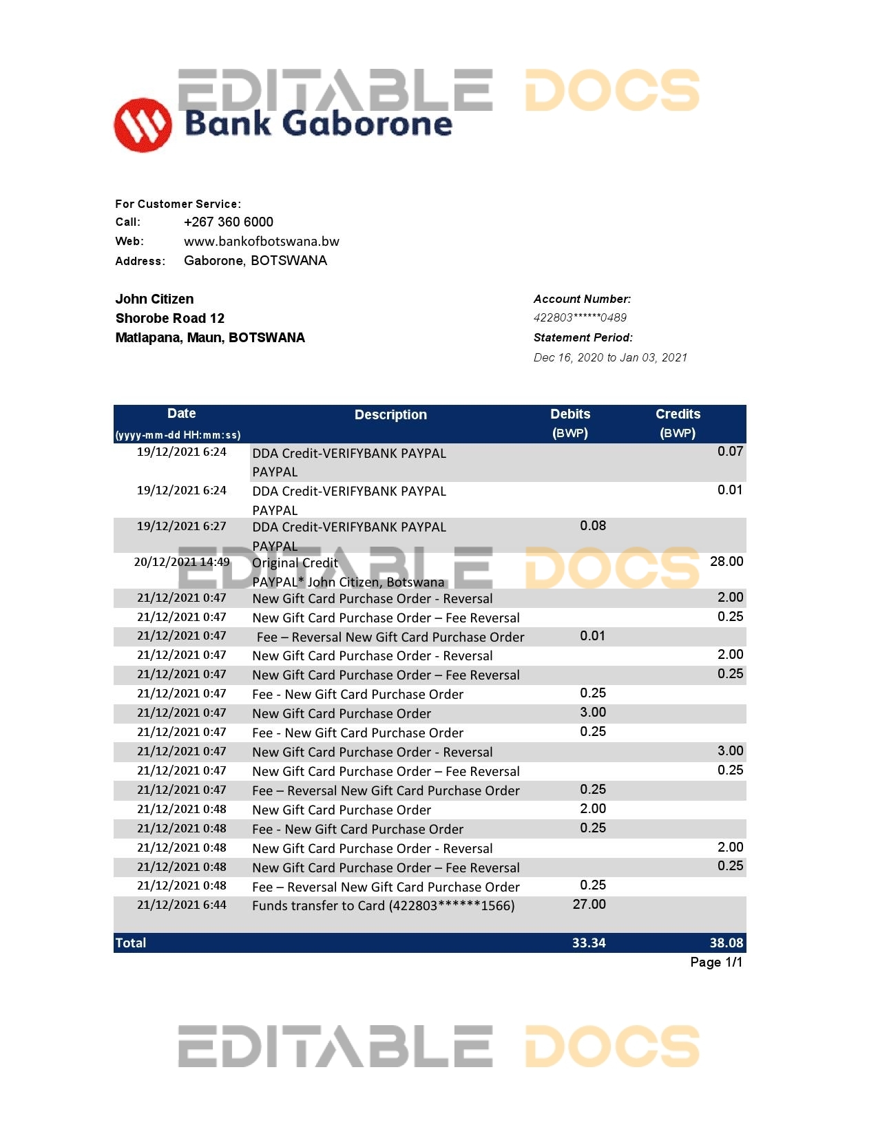 Botswana Bank Gaborone bank statement template in Excel and PDF format, fully editable