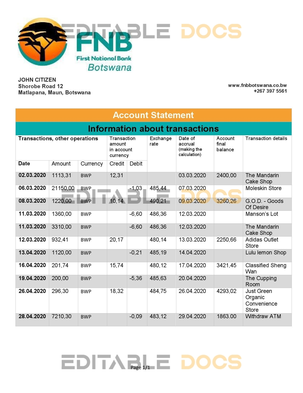 Botswana FNB of Botswana bank statement template in .xls and .pdf file format, fully editable