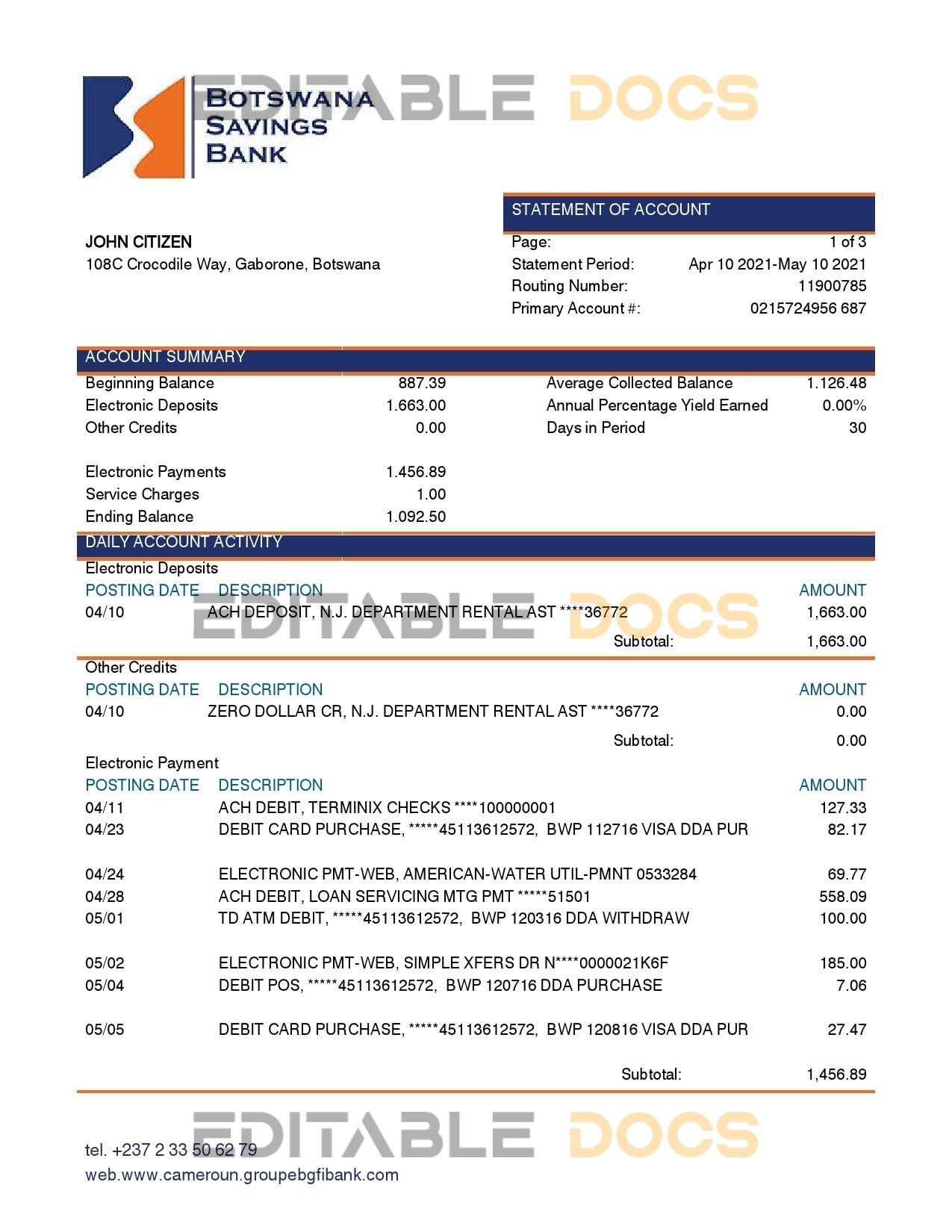 Botswana Savings Bank statement template in Word and PDF format