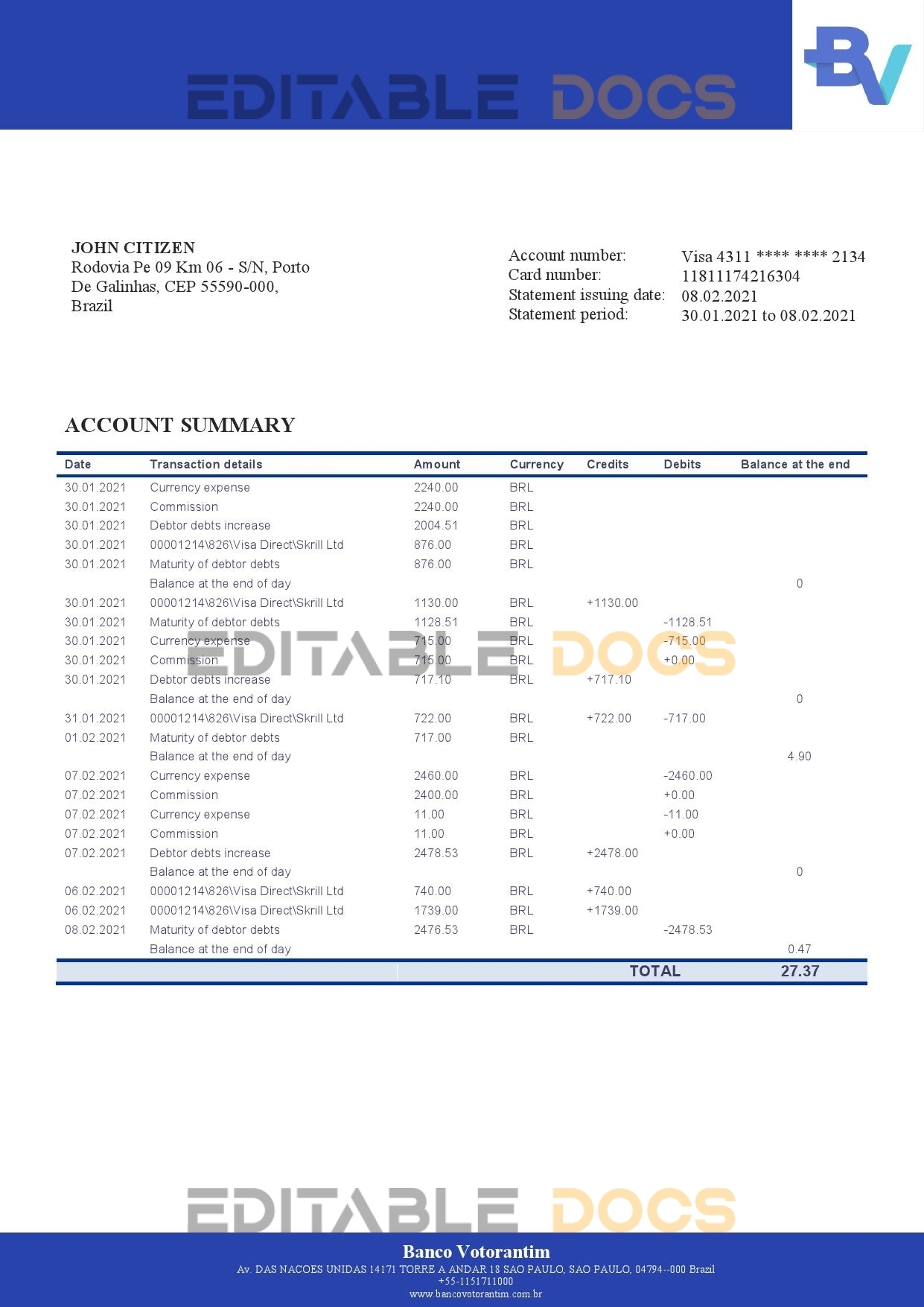 Brazil Banco Votorantim bank statement template in Word and PDF format