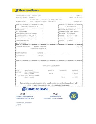 Brazil Banco do Brasil bank statement easy to fill template in Excel and PDF format