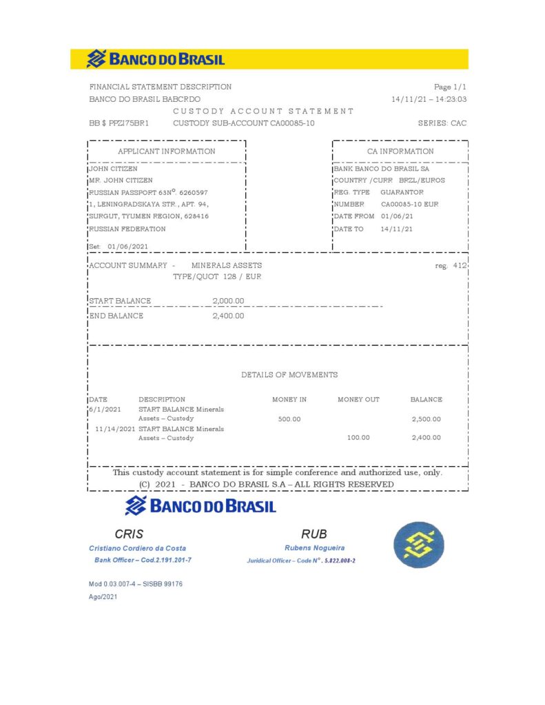 Brazil Banco do Brasil bank statement easy to fill template in Excel and PDF format