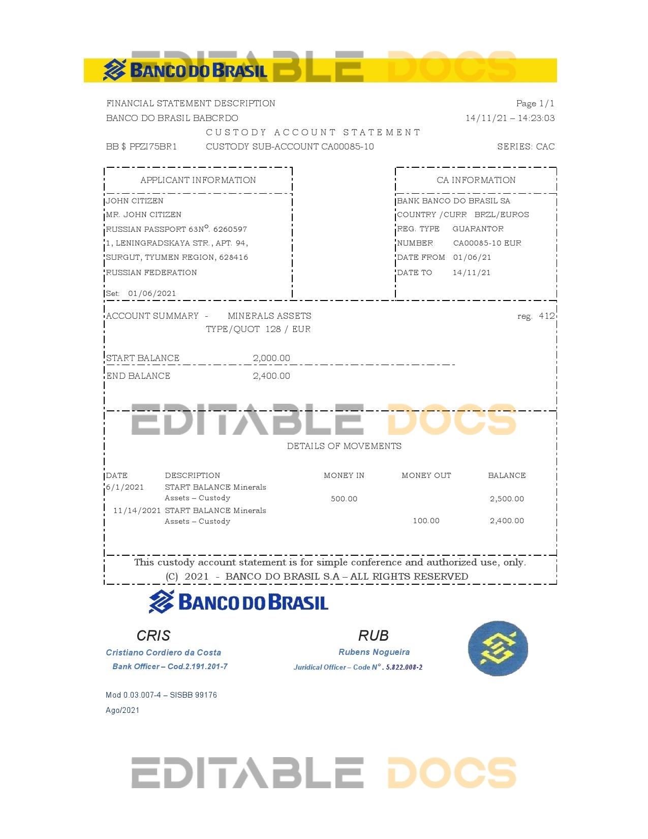 Brazil Banco do Brasil bank statement easy to fill template in Excel and PDF format