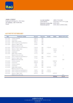 Brazil Itau bank statement template in Word and PDF format, fully editable