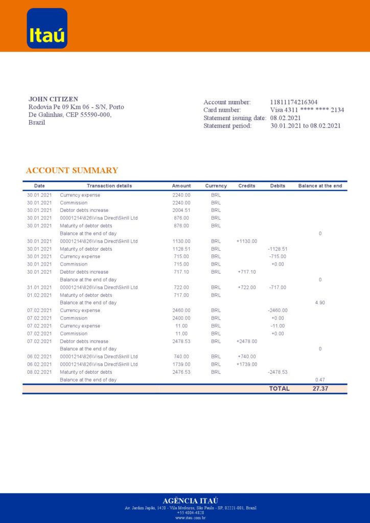 Brazil Itau bank statement template in Word and PDF format, fully editable