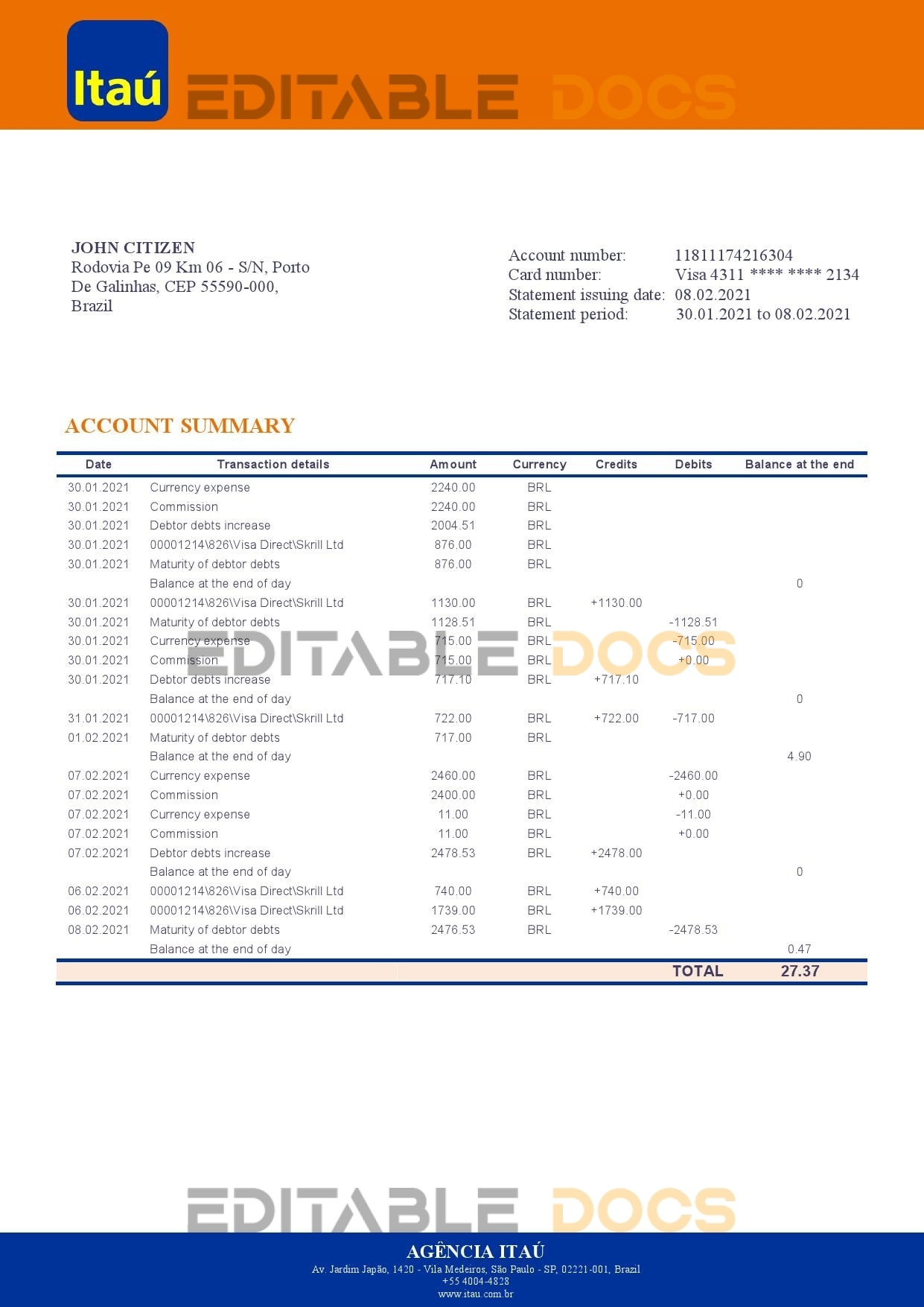 Brazil Itau bank statement template in Word and PDF format, fully editable