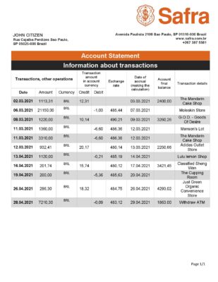 Brazil Safra bank statement template in Word and PDF format