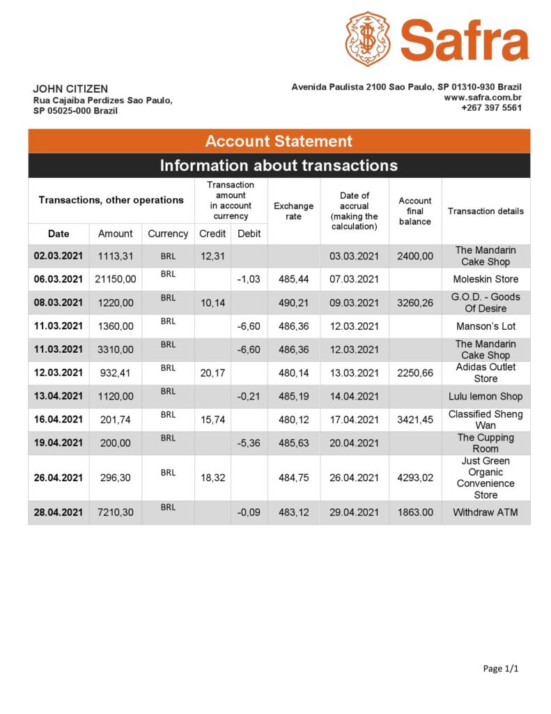 Brazil Safra bank statement template in Word and PDF format