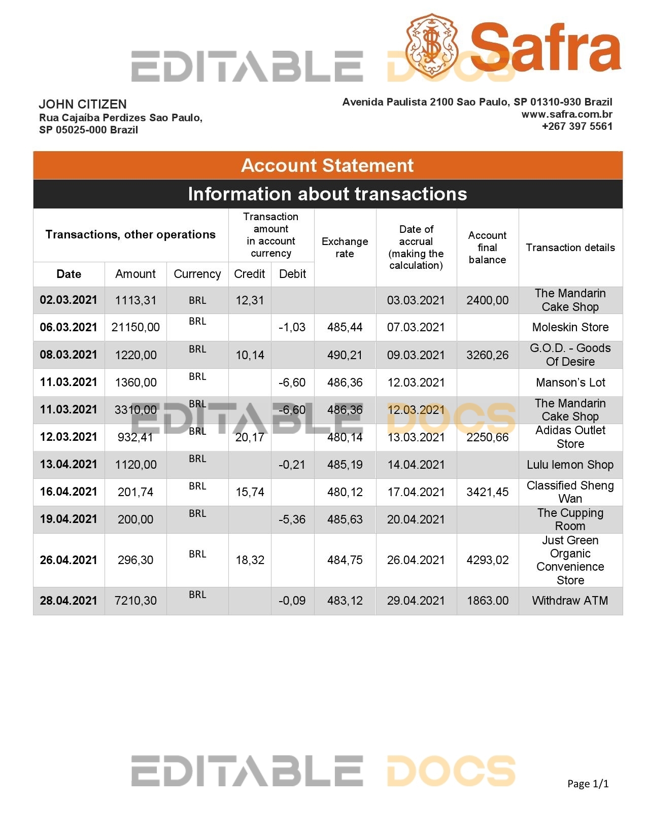 Brazil Safra bank statement template in Word and PDF format