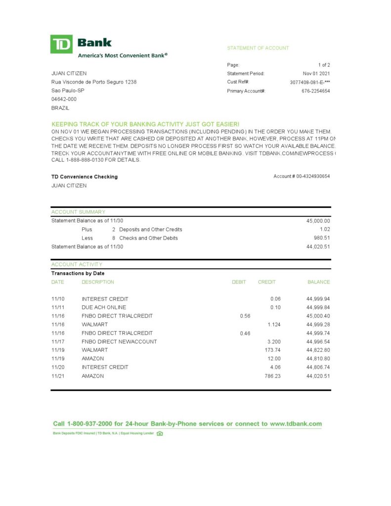 Brazil TD bank proof of address statement template in Word and PDF format (.doc and .pdf)