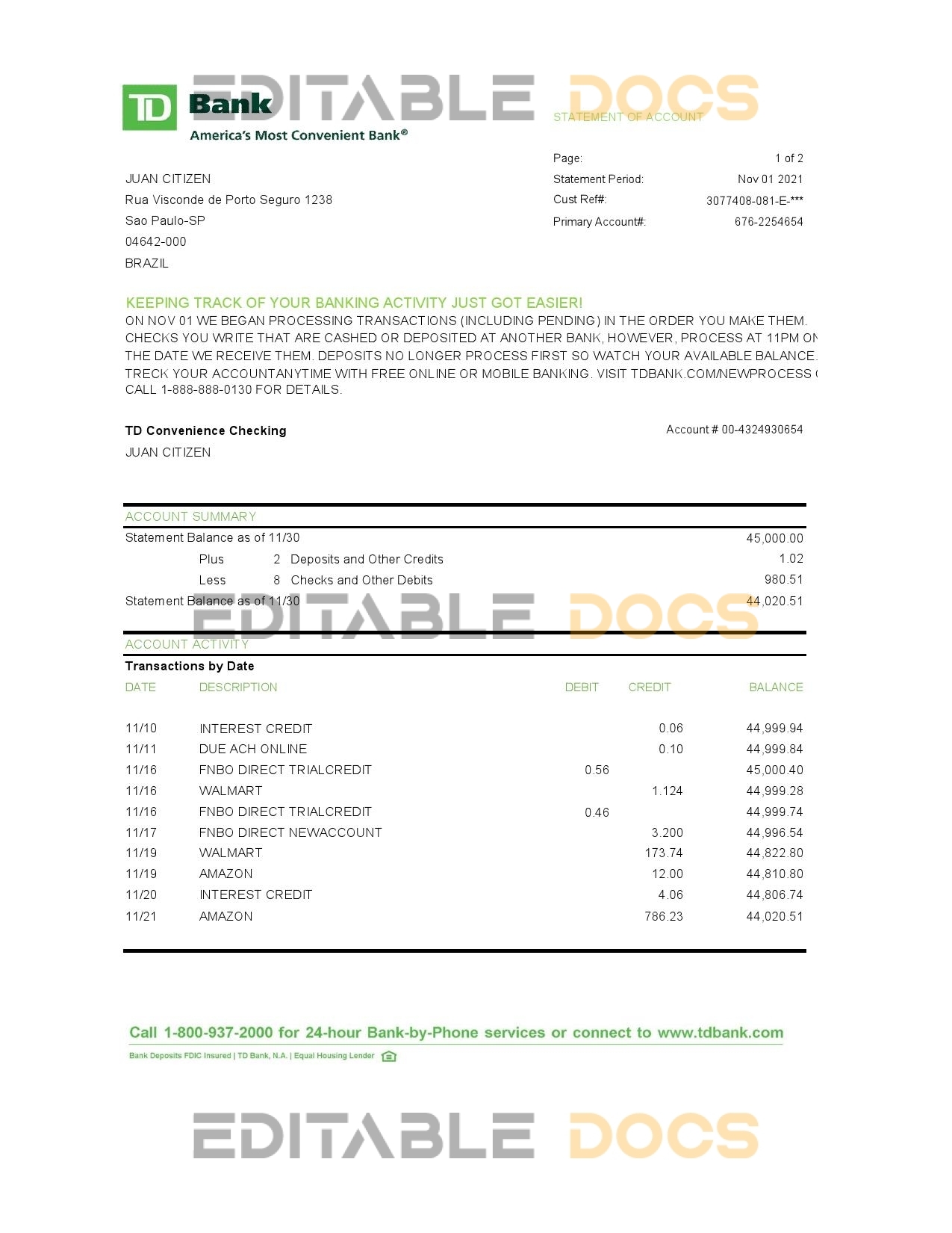 Brazil TD bank statement easy to fill template in Excel and PDF format