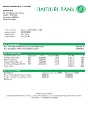 Brunei Baiduri Bank proof of addres statement template in Word and PDF format