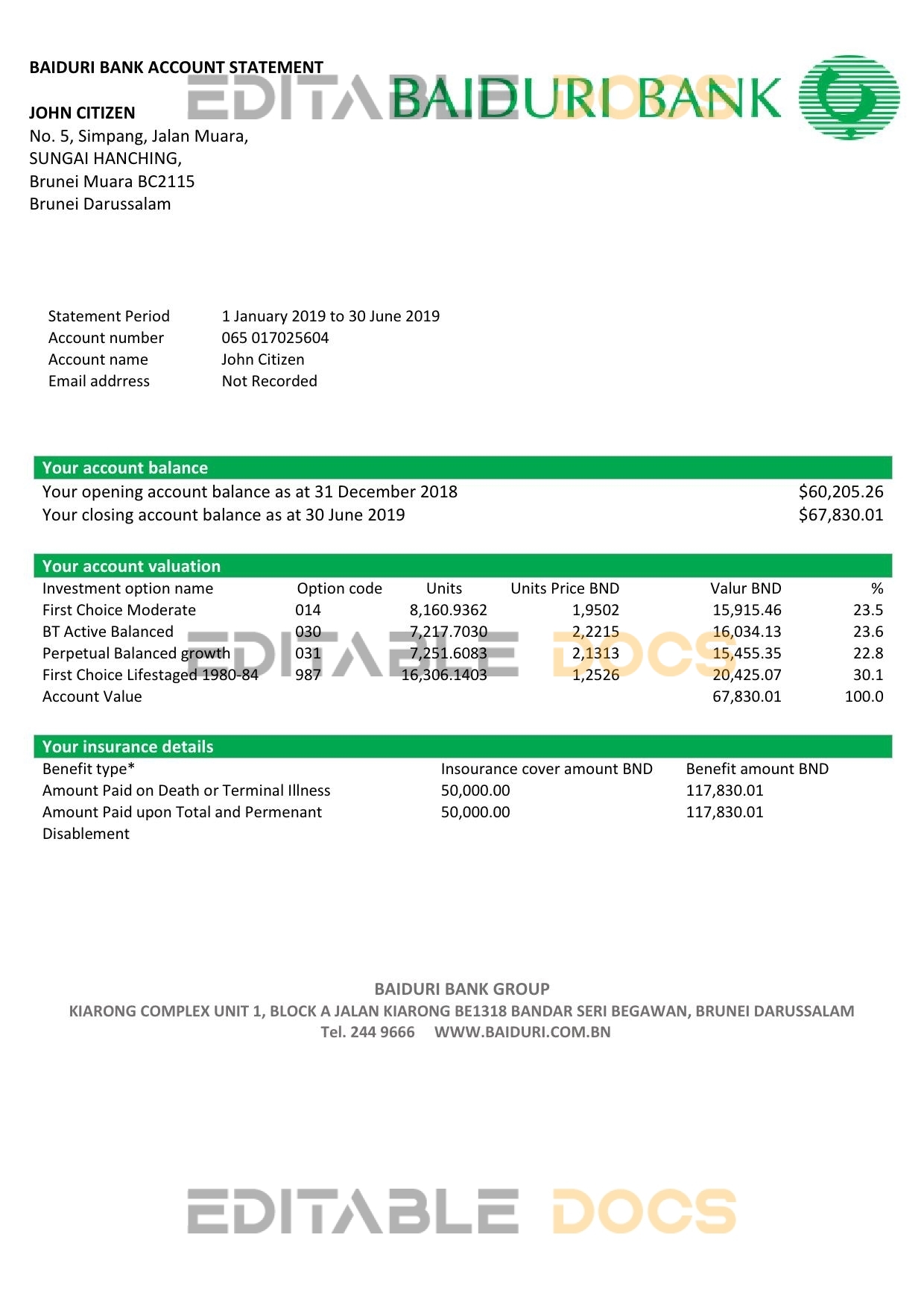 Brunei Baiduri Bank proof of addres statement template in Word and PDF format