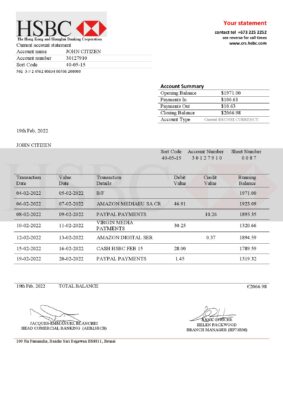 Brunei HSBC proof of addres statement template in Word and PDF format