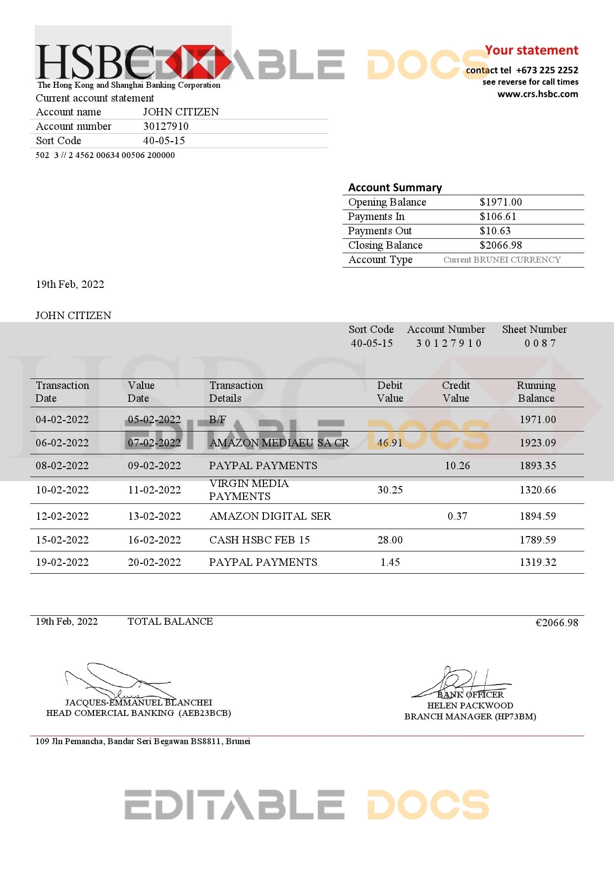 Brunei HSBC proof of addres statement template in Word and PDF format